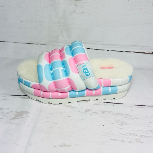 UGG Pride Slippers Women's Platform Fur Slides Pink Blue White